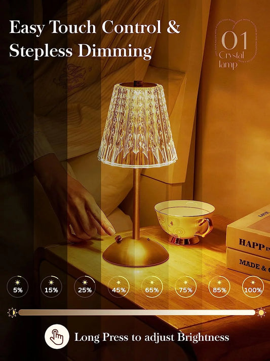 Table Lamps, Dimmable Crystal Table Lamp 3 Colors LED Gold Lamp,Touch Lamp Diamond Crystal Lamp, Rechargeable Small Lamp, Cordless Lamp Bedside Lamp for Bedroom Living Room Bathroom Hotel Bar