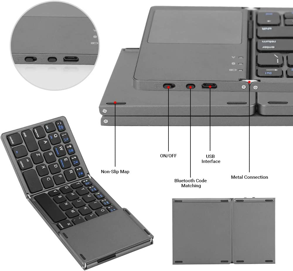 Foldable Bluetooth Keyboard, Tri-Folding Portable Wireless Keyboard with Touchpad, USB Rechargeable, Compatible with Windows/Android/Ios, Perfect for Laptop/Tablet/Smartphone (Gray)